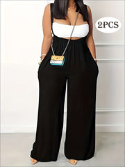 Plus Size Solid Color Pocket Overalls Casual Women's Pants