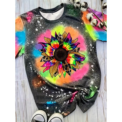 Women's Casual Short Sleeve Round Neck T-Shirt - Vibrant Sunflower & Geometric Print, Regular Fit, Spring&Summer Top