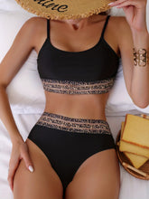 Eopard Print Mesh Contrast Band 2 Piece Set Bikini, Black Scoop Neck High Strech Swimsuit, Women's Swimwear & Clothing