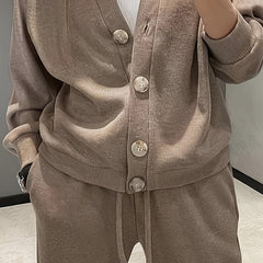 Women's Casual Knit Cardigan With Pocket & Drawstring Lounge Pants Solid Color Button Front Coat Fall Winter Loose Fit 2-Piece Outfit