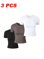 3 Packs Womens' Stretchy Ribbed High Neck Short Sleeve Gym Workout Slim Fitted Casual Full Length Top T-Shirt Perfect For Both Workouts And Casual Outings.