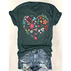 Women's Floral Heart Print Short Sleeve T-Shirt Summer Casual Round Neck Blouse