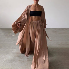 Women's Solid 3-Piece Set Lantern Sleeve Long Cardigan & Short Tube Top & Wide Leg Trousers With Drawstring Spring Summer Fashion Flowy Outfit