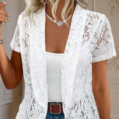 Elegant Solid Color Women's Lace Cardigan - Stylish Breathable Slim-Fit Spring&Summer Blouse With Floral Lace Detail