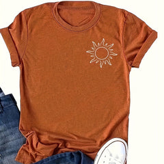 Women's Sun Print Crew Neck T-Shirt, Casual Short Sleeve Top For Spring & Summer