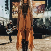 Women's Vintage Western Fringe Tank Dress Cowgirl Crew Neck Sleeveless Tassel Dress For Vacation & Festival Wear