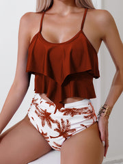 Women's Fashion Bikini Set, Sexy Tropical Print Double-layer Ruffled Two-piece Swimsuit, Bikini.