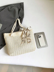 Women's New Style Woven Large Capacity Bag Women's Fashionable Straw Simple Silk Scarf Tote Bag