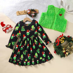 Toddler Kids Baby Girl Christmas Dress Outifts, Long Sleeves Cartoon Prints Party Dress With Heart Print Vest Coat Xmas Clothes Set