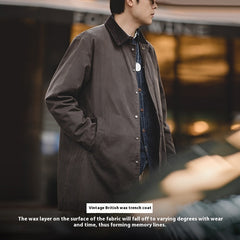 Retro Lapels Waterproof Oil Wax Trench Coat Brown Mid-length British Style Coat For Men Autumn