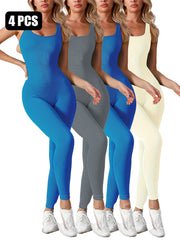 4 Pack Women's Square Neck Tank Shaping Jumpsuit - Ribbed, Tummy Control & Butt Lifting