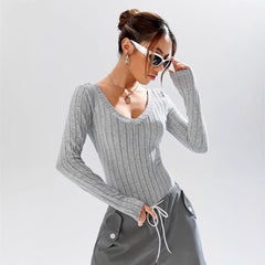 Simple Casual Solid Color Deep V-neck Slim Fit Waist-controlled Long Sleeves Jumpsuit Women
