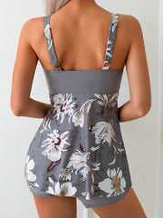 Women's Tankini Suit, Skirt, Chest Cross Two-piece Set, Flower Print, Holiday Style