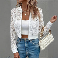 Women's Elegant Lace Short Zip-Up Long Sleeve Jacket For Formal & Everyday Outfits Spring Fall Top