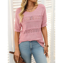 Women's Short Sleeve Sweater Tops Casual Crew Neck Crochet Knit Trendy Hollow Out Blouse T Shirts