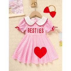 Sweet Baby Toddler Girl's Short Sleeve Letter Heart Print Doll Collar Dress With Matching Headband