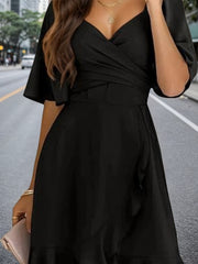 Lightweight Black Ruffled Hem Dress Women's Flowy Mini Dress For Spring Summer Vacation