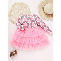 Toddler Girls Outfits Long Sleeve Graphic Heart Print Mesh Tulle Dress Valentine Birthday Party Dresses