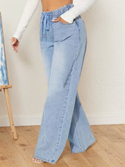 Women 2025 Casual Fashion High-waisted Denim Pants, Drawstring Design Loose Version Of Mopping Pants