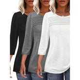 Women's 3-Pack 3 4 Sleeve Tunic Tops, Round Neck Pleated Blouse, Dressy Casual Shirts For Spring Summer Fall