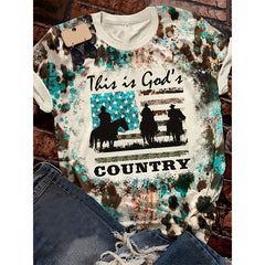 Women's Western Cowboy Print T-Shirt - Loose Fit Crew Neck Short Sleeve Tee, Color Block Design, Breathable Summer Top