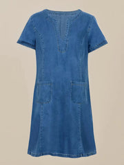 2025 Women's New Denim Dress, V-neck Pleated Pocket, Short Sleeved, Casual Style, Suitable For All Seasons, Fashionable And Good-looking