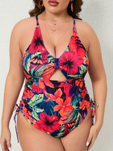 Women's Large-size One-piece Swimming Suit With Floral Print, One-piece Backless Sexy Drawstring Cross Swimwear