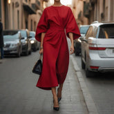 Plus Size Women's Elegant Solid Color Round Neck Mid-Sleeve Maxi Dress Waist-Defining Pleated Design For Office, Party, Wedding Guest