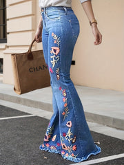 Ladies' High Waisted Slim Fit Bell Bottom Pants With Floral Embroidery Details, Lightweight And Comfortable Material - Breathable Elastic Denim Wide Leg Pants, The Best Choice For Elegant Fashion And