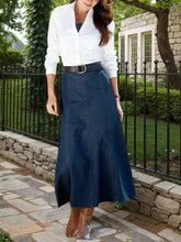 2025 Spring New Women's High Waist Loose A-line Cowboy Skirt, Medium Length Elastic Casual Solid Color Skirt, Elegant For Office And Daily Wear, Fashionable Style Smooth, Cowboy Fabric Washable