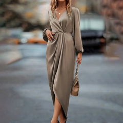 Women's Solid Color V-Neck Long Sleeve Dress With Elastic Cuffs & Asymmetrical Hem Draped Party Dress For Spring&Fall