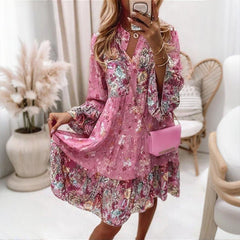 Plus Size Women's Round Neck Button Front Floral Print Dress - Spring Summer Patchwork Midi Dress