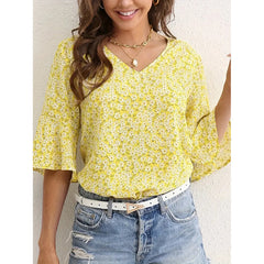 Womens Summer Floral Print Blouses V-Neck Flare Sleeve Tops Dressy Casual T-Shirts