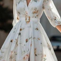 Women's Elegant V-Neck Floral Print Flare Sleeve Maxi Dress High Slit Hem Formal Evening Spring Fall Wedding Party Guest Dress
