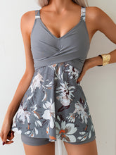 Women's Tankini Suit, Skirt, Chest Cross Two-piece Set, Flower Print, Holiday Style