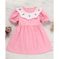 Toddler Baby Girl Spring Tulip Smocked Short Sleeve Dress With Lovely Tulip Embroidery Princess Dresses