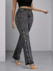 High Waisted Slightly Flared Jeans With Side Buckles, Classic Graphite Color, Comfortable Fit, Essential For Going Out.