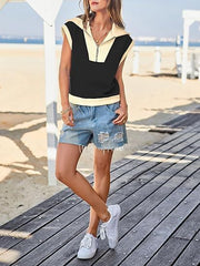 Fisoew Womens Half Zip Sweatshirts Short Sleeve Color Block Lapel V Neck Loose Summer Pullover Tops