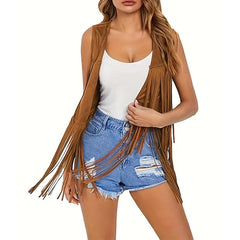 Women's Fringe Vest Sleeveless 70s Hippie Faux Suede Trim Western Cowgirl Tassel Jacket Cardigan