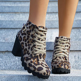 Fashoin Leopard Print Ankle Square Heel Suede Lace-up Zip Boots Women Casual Versatile Shoes Autumn And Winter