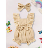 Infant Baby Girl Solid Color Square Neck Bow Onesie & Headband Adorable Summer Outfit