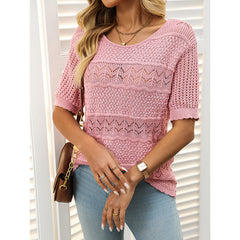 Women's Short Sleeve Sweater Tops Casual Crew Neck Crochet Knit Trendy Hollow Out Blouse T Shirts