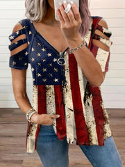 Self-pick-up Women'S Plus Zip Up Flag Print Short Sleeve T-Shirt Only Self-pickup Is Supported