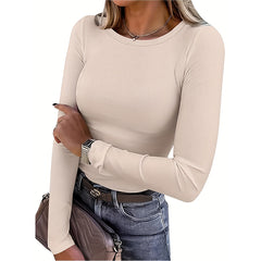 3 Pack Women's Long Sleeve Shirts, Crew Neck Ribbed Tops Slim Fit Casual Knit Tees Stretch Basic T Shirts