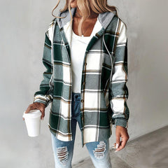 Women's Plaid Hoodie Long Sleeve Jacket Button Drawstring Casual Fall Shirts Shacket With Pocket