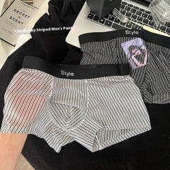 Vintage Stripe Men's Ice Silk Breathable Transparent Bottom Crotch Boxer Briefs