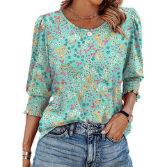 Womens Dressy Casual 3 4 Sleeve Tops Summer Trendy Puff-Sleeve Crew Neck Blouses With Smocked Cuffs