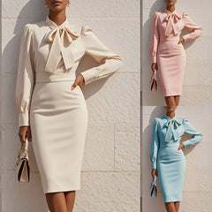 Women's Elegant Solid Stand Collar Long Sleeve Dress With Bow Detail Hem Slit Formal Midi Dress For Spring&Fall