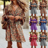 Plus Size Women's Floral Print V-Neck Dress With Drawstring Waist - Bohemian Knee-Length Summer Vacation Dress