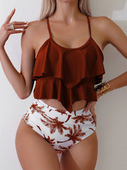 Women's Fashion Bikini Set, Sexy Tropical Print Double-layer Ruffled Two-piece Swimsuit, Bikini.